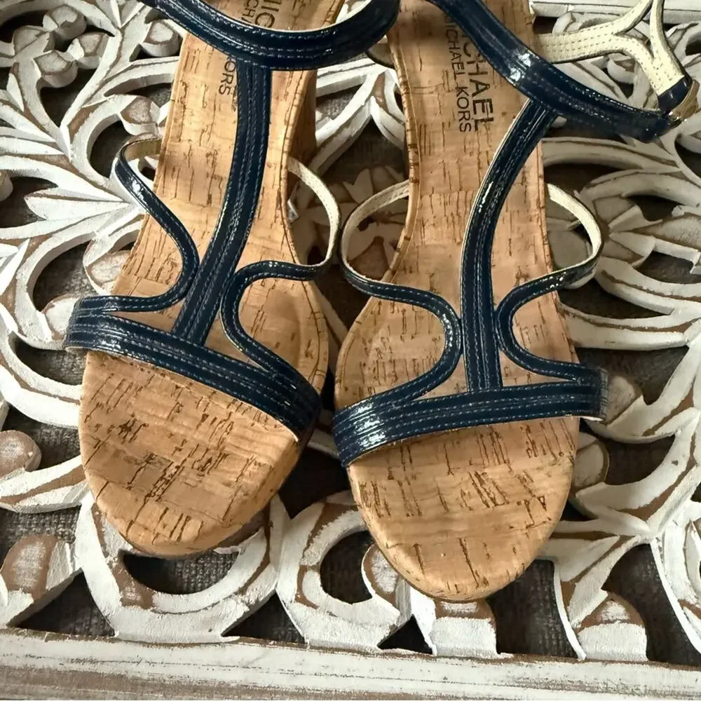 Michael Kors Navy Blue Patent Leather Wedge Heels Sandals Shoes Women’s 7.5